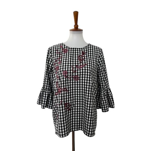 Jennifer & Grace Tops - Jennifer & Grace Elbow Sleeve Gingham Floral Embroidered Top Black White Medium